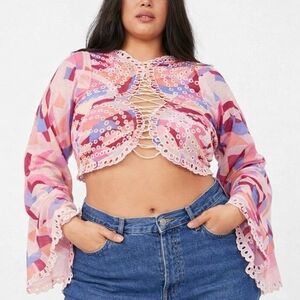 Free People Eyes On You Bell Sleeves Pink and Purple Geometric Crop Top